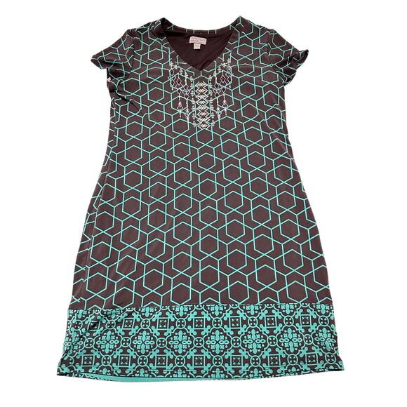 Market Spruce Dress Women Size M Green Black Short Sleeve V Neck Knee Length - Picture 1 of 6
